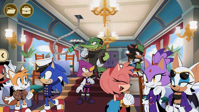 Knuckles, Tails, Sonic, Vector, Espio, Amy, Shadow, Blaze, and Rouge are all seen in costume on a train car.