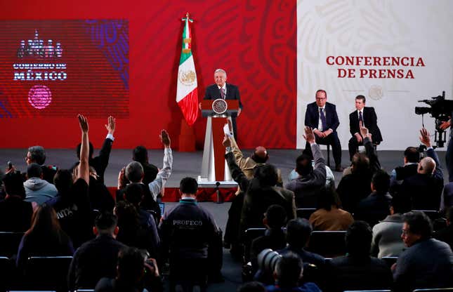 Mexico's President Andres Manuel Lopez Obrador attends a news conference at the National Palace in Mexico City
