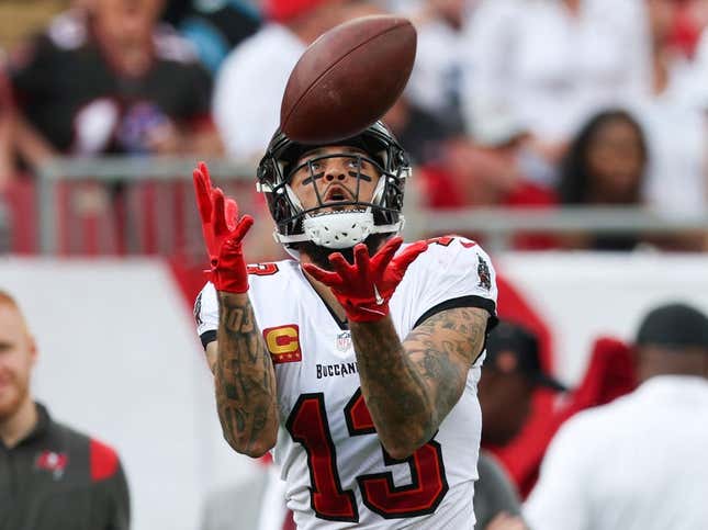 Jan 1, 2023; Tampa, Florida, USA;  Tampa Bay Buccaneers wide receiver Mike Evans (13) catches a pass from touchdown against the Carolina Panthers in the second quarter at Raymond James Stadium.