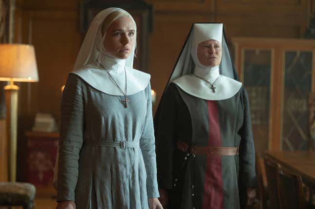 (from left) Jacqueline Byers as Sister Ann and Lisa Palfrey as Sister Euphemia in Prey For The Devil.