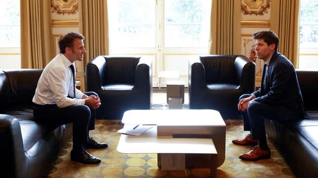 French President Emmanuel Macron on left. OpenAI CEO Sam Altman on right.