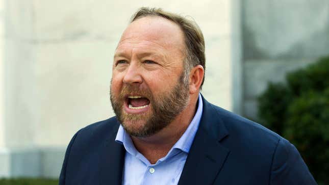A closeup of Infowars host and conspiracy theorist Alex Jones as he speaks outside of the Dirksen building on Capitol Hill in Washington.