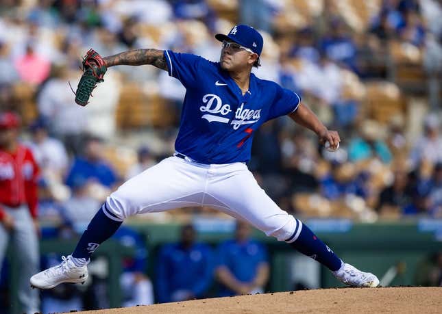 Feb 28, 2023; Phoenix, Arizona, USA; Los Angeles Dodgers pitcher Julio Urias against the Cincinnati Reds during a spring training game at Camelback Ranch-Glendale.