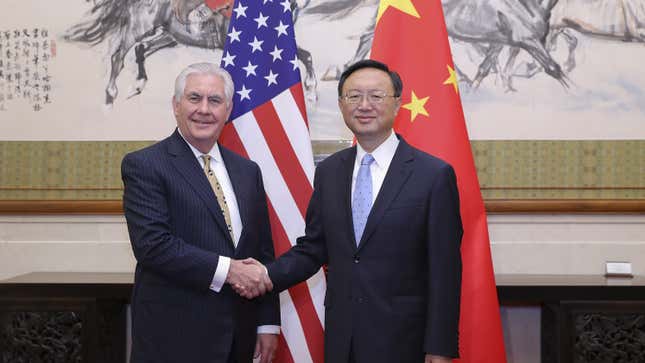 Chinese State Councilor Yang Jiechi meets with US Secretary of State Rex Tillerson in March.