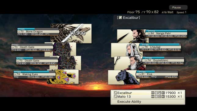 A battle menu in Dungeon Encounters shows the faces of opponents while exchanging combat damage.