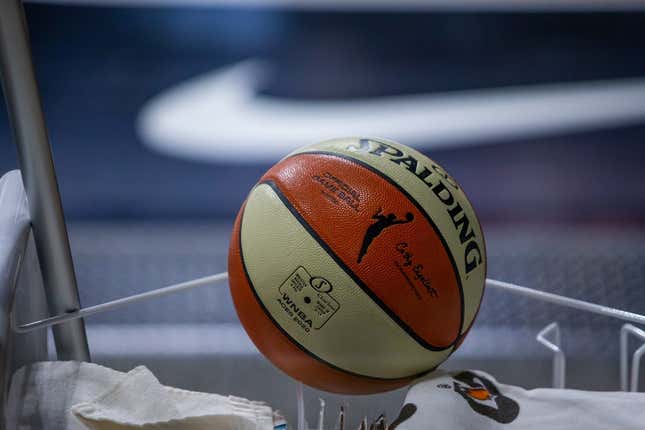 Oct 2, 2020; Bradenton, Florida, USA; A game ball waits on a sanitation cart during game 1 of the WNBA finals between the Las Vegas Aces and the Seattle Storm at IMG Academy.