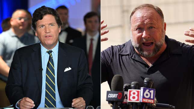 Tucker Carlson speaks during 2022 FOX Nation Patriot Awards at Hard Rock Live, while InfoWars founder Alex Jones speaks to the media outside Waterbury Superior Court