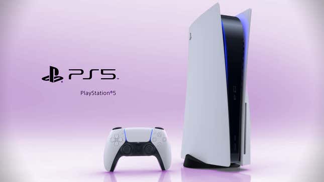 A PlayStation 5 is shown standing upright next to a DualSense controller with the console's logo on the lefthand side.