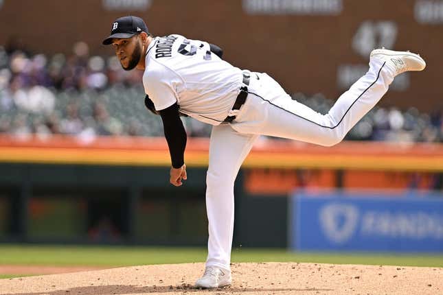 May 4, 2023; Detroit, Michigan, USA; Detroit Tigers starting pitcher Eduardo Rodriguez (57) throws a pitch against the New York Mets in the second inning at Comerica Park.