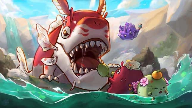 An Axie offers up exploits to a monster in the hopes its life will be spared. 