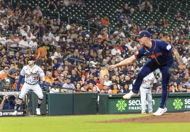 Apr 3, 2023; Houston, Texas, USA; Detroit Tigers second baseman Zach McKinstry (39) leads off third base as Houston Astros starting pitcher Hunter Brown (58) pitches in the second inning at Minute Maid Park.