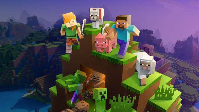 Minecraft characters are seen standing on a hill with animals and some other creepy crawleys. 
