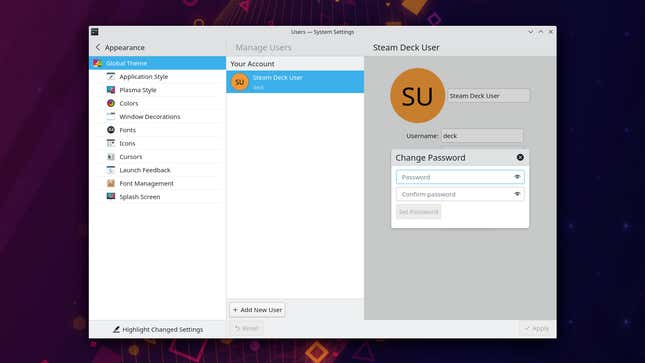A setting in the Steam Deck's desktop mode allows the user to set a password.