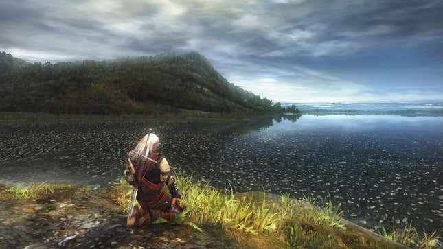 Geralt meditates before a giant lake.