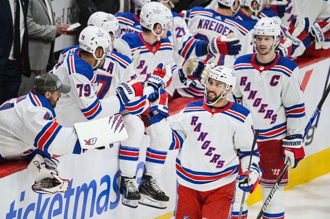 Apr 2, 2023; Washington, District of Columbia, USA;  New York Rangers center Vincent Trocheck (16) celebrates with teammates after a second period goal against the Washington Capitals at Capital One Arena.