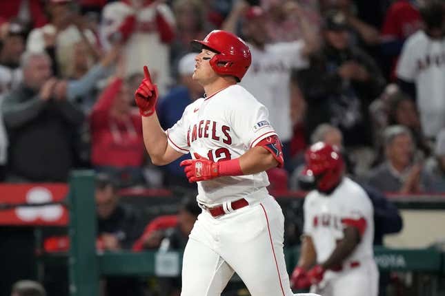 Apr 10, 2023; Anaheim, California, USA; Los Angeles Angels right fielder Hunter Renfroe (12) rounds the bases after hitting a solo home run in the third inning against the Washington Nationals at Angel Stadium.