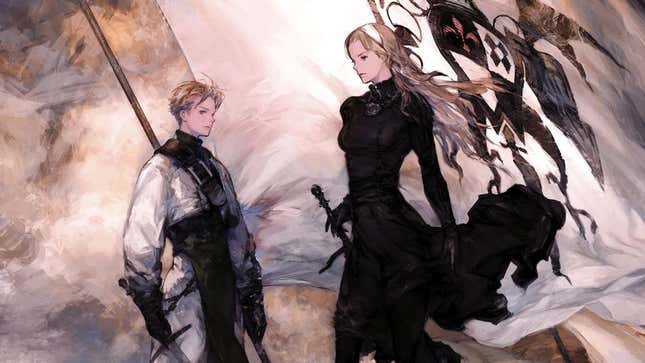 Key art for Tactics Ogre shows its two protagonists carrying the burden of war. 