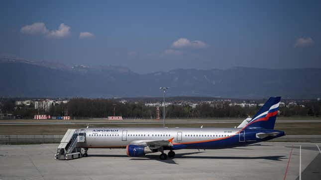 An Airbus A321-211 aircraft of Russian airline Aeroflot with registration VP-BOE is seen in the long term parking for planes of Geneva Airport on March 25, 2022.