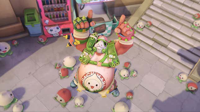 Roadhog is seen wearing his Pachimari skin and surrounded by Pachimari plushies.