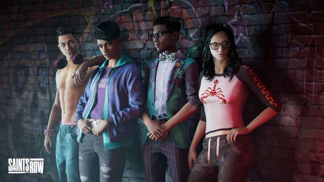 The new crew in the Saints Row Reboot pose together against a graffitied brick wall. 