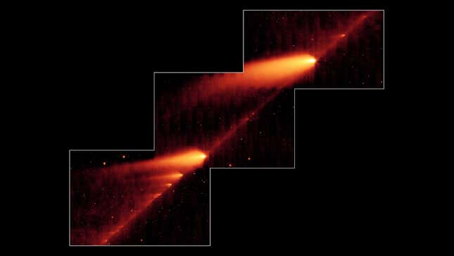 Infrared image from NASA’s Spitzer Space Telescope showing the busted Comet 73P/Schwassman-Wachmann 3 skimming along a trail of debris left during its multiple trips around the Sun. “The flame-like objects are the comet’s fragments and their tails, while the dusty comet trail is the line bridging the fragments,” according to NASA. 