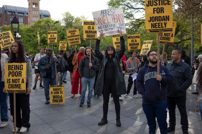 NEW YORK, NEW YORK - MAY 5: People attend a rally to protest the death of Jordan Neely, a homeless man who was choked to death on the subway, May 5, 2023, in Washington Square Park, New York City, New York. 