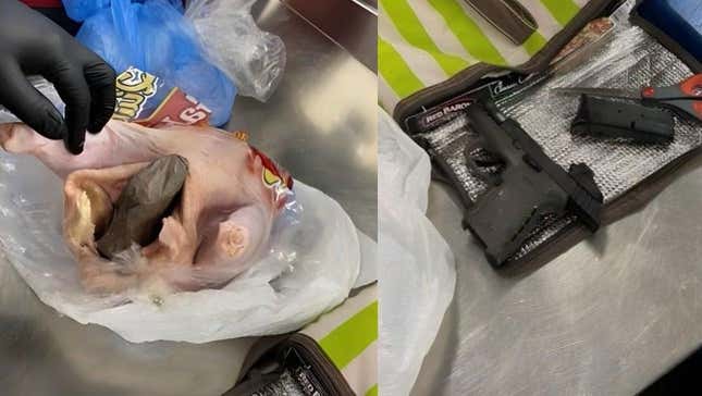 On the left side an unwrapped turkey has an object wrapped in a plastic bag. On the right the unloaded pistol is pictured with its magazine.