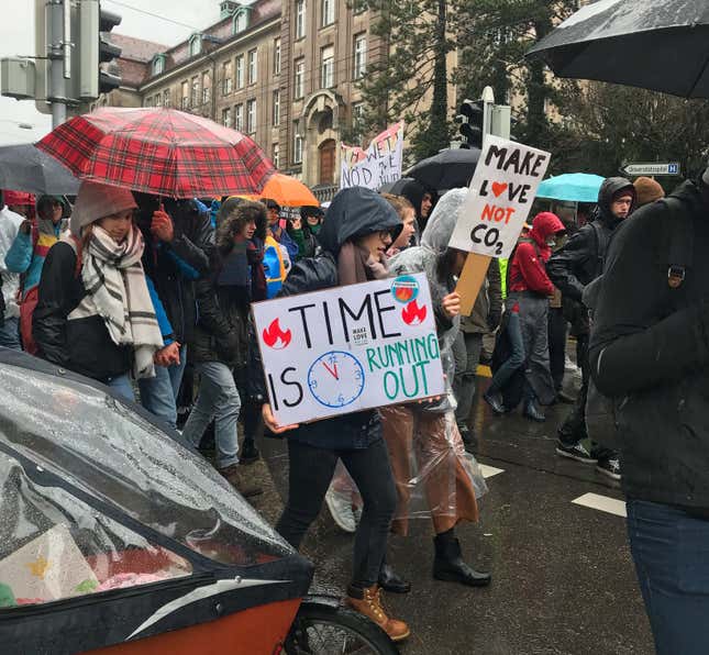 Activists walk in the Zurich Climate Strike on March 15, 2019.
