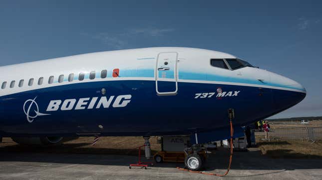 A Boeing 737 MAX as displayed during the Farnborough International Airshow 2022 on July 18, 2022.