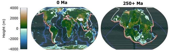 تُظهر الصورة جغرافية الأرض اليوم والجغرافيا المتوقعة للأرض بعد 250 مليون سنة، عندما تتقارب جميع القارات في قارة عملاقة واحدة (بانجيا ألتيما).