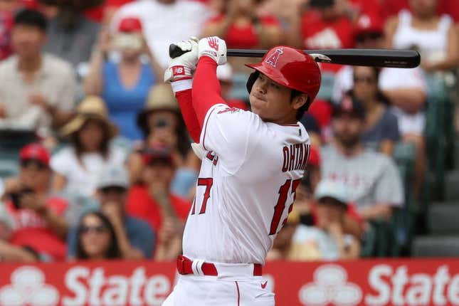 Jul 23, 2023; Anaheim, California, USA;  Los Angeles Angels designated hitter Shohei Ohtani (17) hits a home run during the first inning against the Pittsburgh Pirates at Angel Stadium.