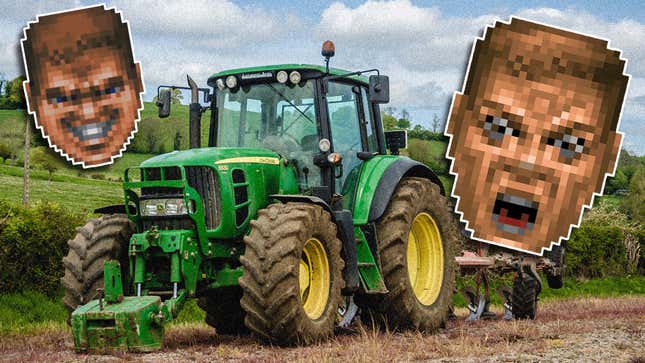 A photo shows a tractor with two Doomguy heads floating around it. 