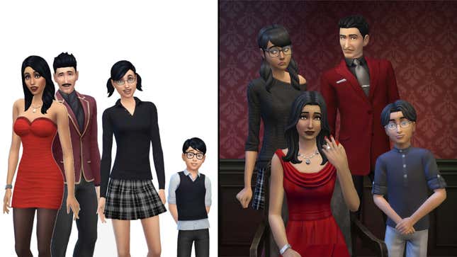 A side-by-side image shows The Sims Goth family before their May update and after. 