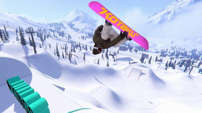 An image from FoamPunch's Shredders depicting a snowboarding flipping over a sign while performing an Indy grab.
