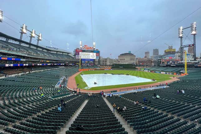 May 2, 2023; Detroit, Michigan, USA; A general view of Comerica Park during a rain delay before a game between the New York Mets and Detroit Tigers.