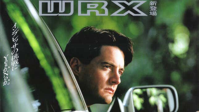 A brochure cover for the 1993 Subaru Impreza WRX wagon featuring actor Kyle MacLachlan, looking out the driver's-side window.