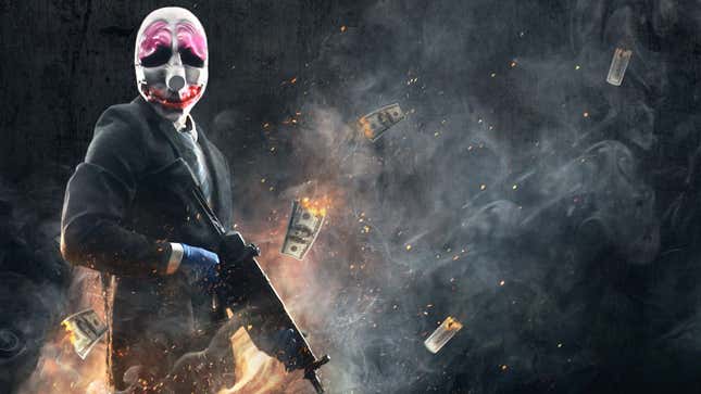 A masked robber stands in front of a black background near some burning money. 