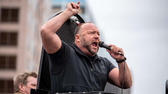 InfoWars host Alex Jones, seen at a rally against coronavirus lockdowns outside the Texas State Capital building in April 2020 in Austin, Texas.