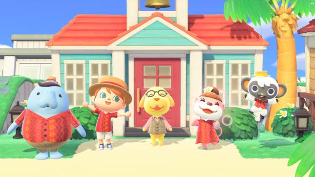 Animal Crossing residents smile for a photo as they stand outside of a vacation house