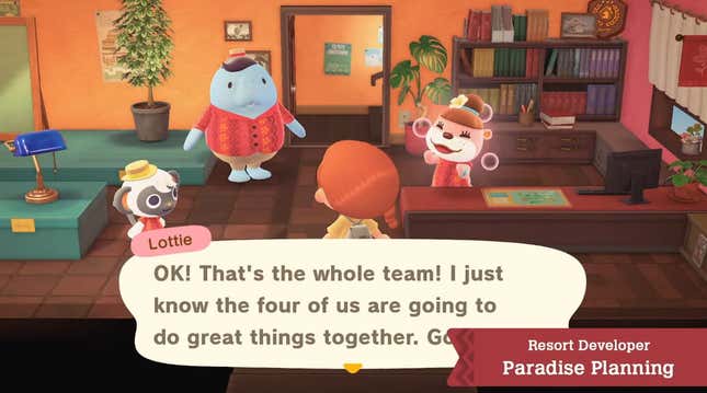 Lottie and other Happy Home Paradise villagers hold a pep talk in the main office. 