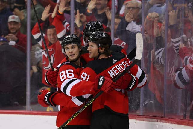 Feb 23, 2023; Newark, New Jersey, USA; New Jersey Devils center Dawson Mercer (91) celebrates his game winning goal against the Los Angeles Kings during overtime at Prudential Center.