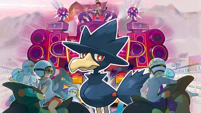 A Murkrow stands in front of a stunned crowd. 