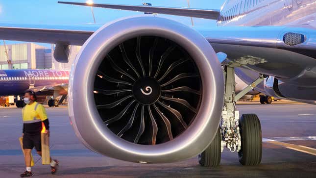 A photo of the CFM56 engine on a plane's wing. 