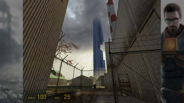 The player looks up at the Citadel in Half-Life 2.