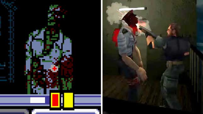 A composite image comparing a pixelated zombie to a 3D render of a man shooting a zombie.
