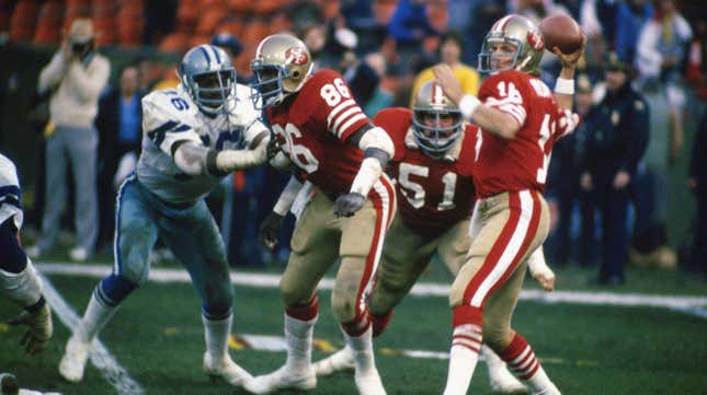 San Francisco quarterback Joe Montana in action against the Dallas Cowboys during the NFC playoff game on January 10, 1982.