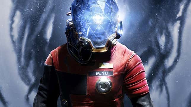A man in a red spacesuit and blue helmet stands in front of a black, ominous creature. 