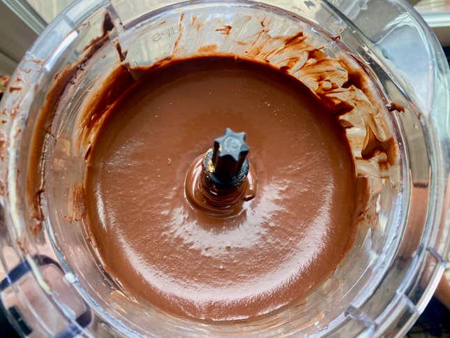 Food processor filled with the finished chocolate pie filling.