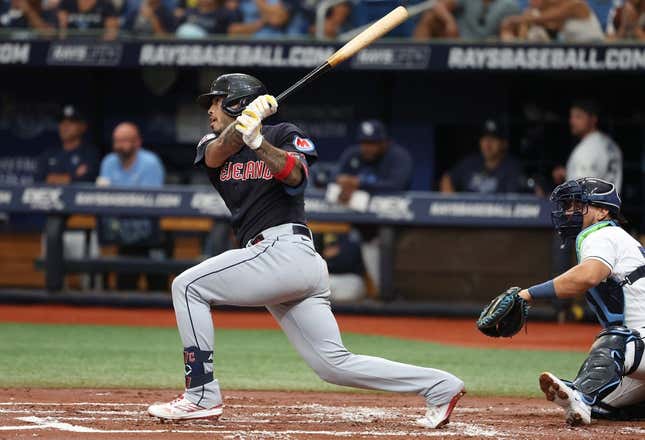 Aug 12, 2023; St. Petersburg, Florida, USA;  Cleveland Guardians right fielder Gabriel Arias (13) singles against the Tampa Bay Rays during the second inning at Tropicana Field.