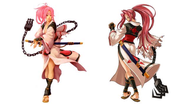 A one-armed, female samurai seen from the front and back.